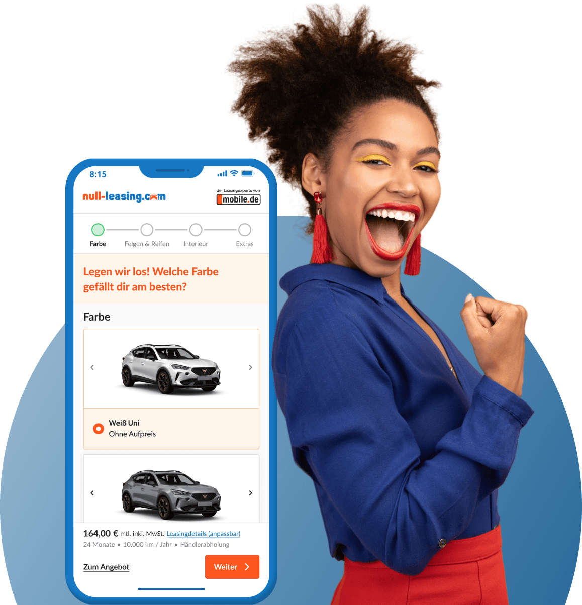 Abbildung einer Frau neben einem Smartphone, auf dem die Seite des Null-Leasing-Fahrzeugkonfigurators angezeigt wird.